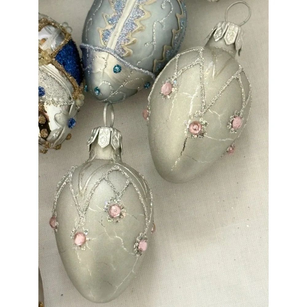 16 Miniature Egg Christmas Ornaments Silver Gold Glitter Jeweled Embellished